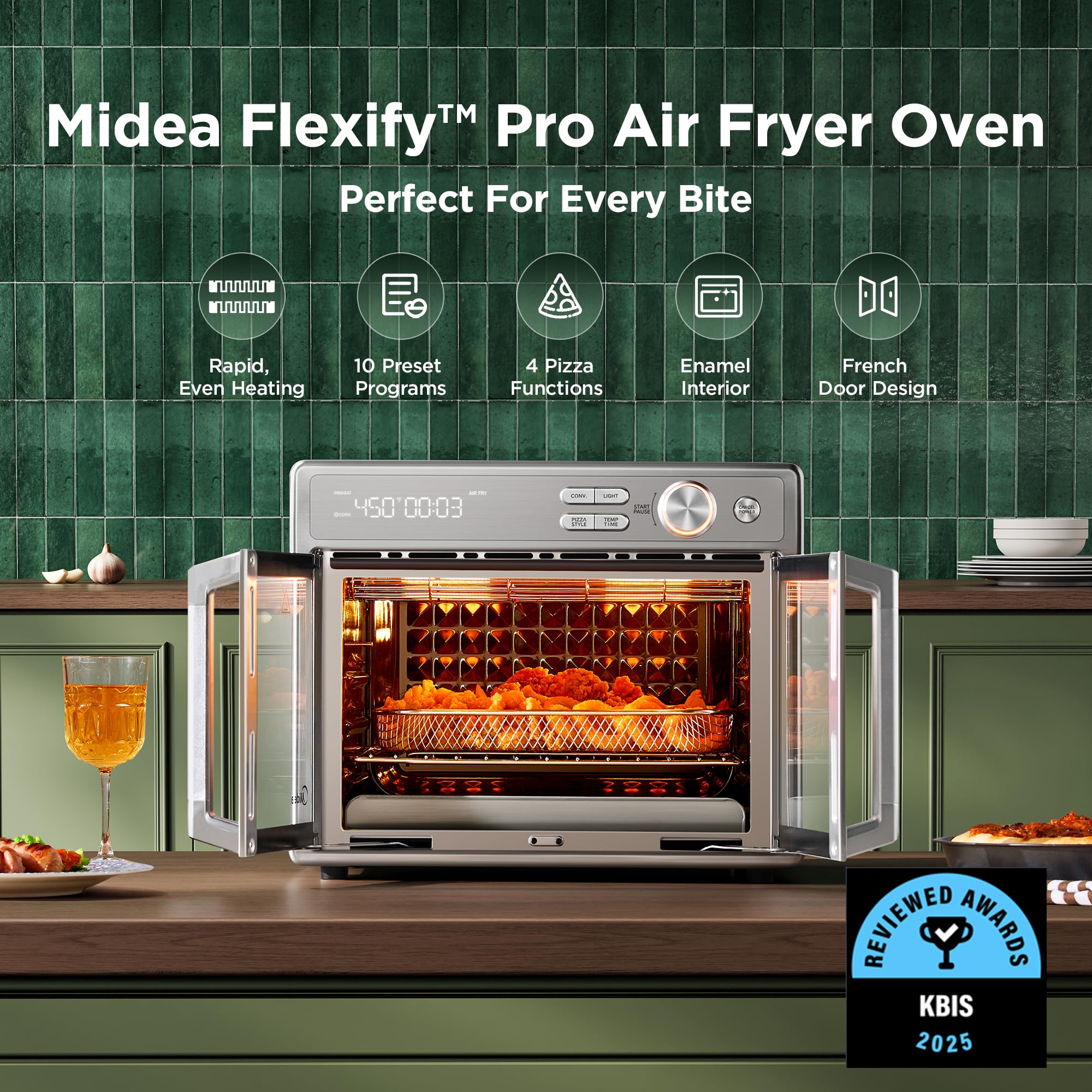 Midea Flexify Pro Oven: air fryer combo, 26.4QT capacity, 450°F fast cooking, French door design, versatile countertop oven.